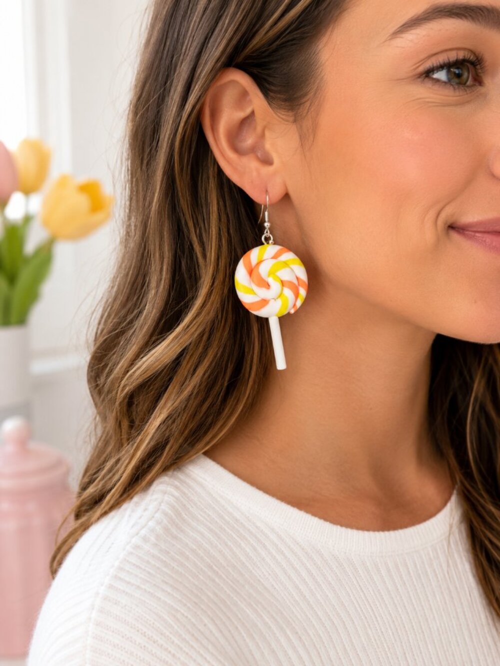 Orange Yellow Lollipop Dangle Earrings Candy Swirl Novelty Festival Fun